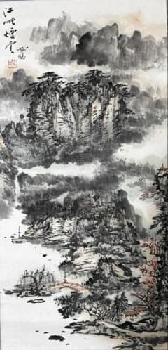 水墨画掛け軸山冷雨催紅 謝陽画山水中国張大千大風堂カラー箱付