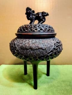 明治期 極上 宣徳銅製 麒麟摘蓋金銀象嵌鳳凰図 三足高足 香炉煎茶道具