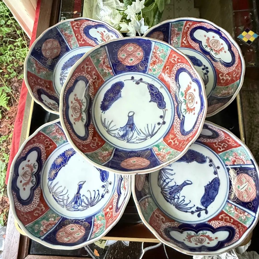 鹿絵皿 2枚 染付 色絵付 高台皿 紅葉 歪み 江戸 古伊万里