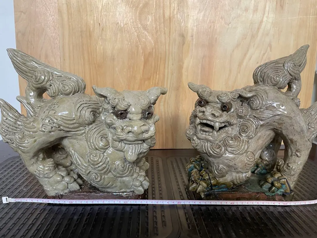 希少島常賀台付シーサー白土ペア阿吽壺屋焼名工沖縄