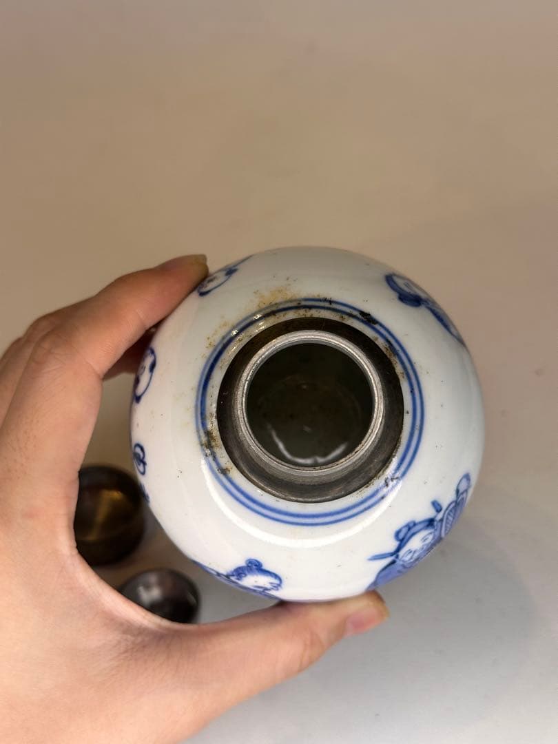 中国清代 人物染付茶葉缶 錫蓋 二重蓋 手描き 古美術 中国古
