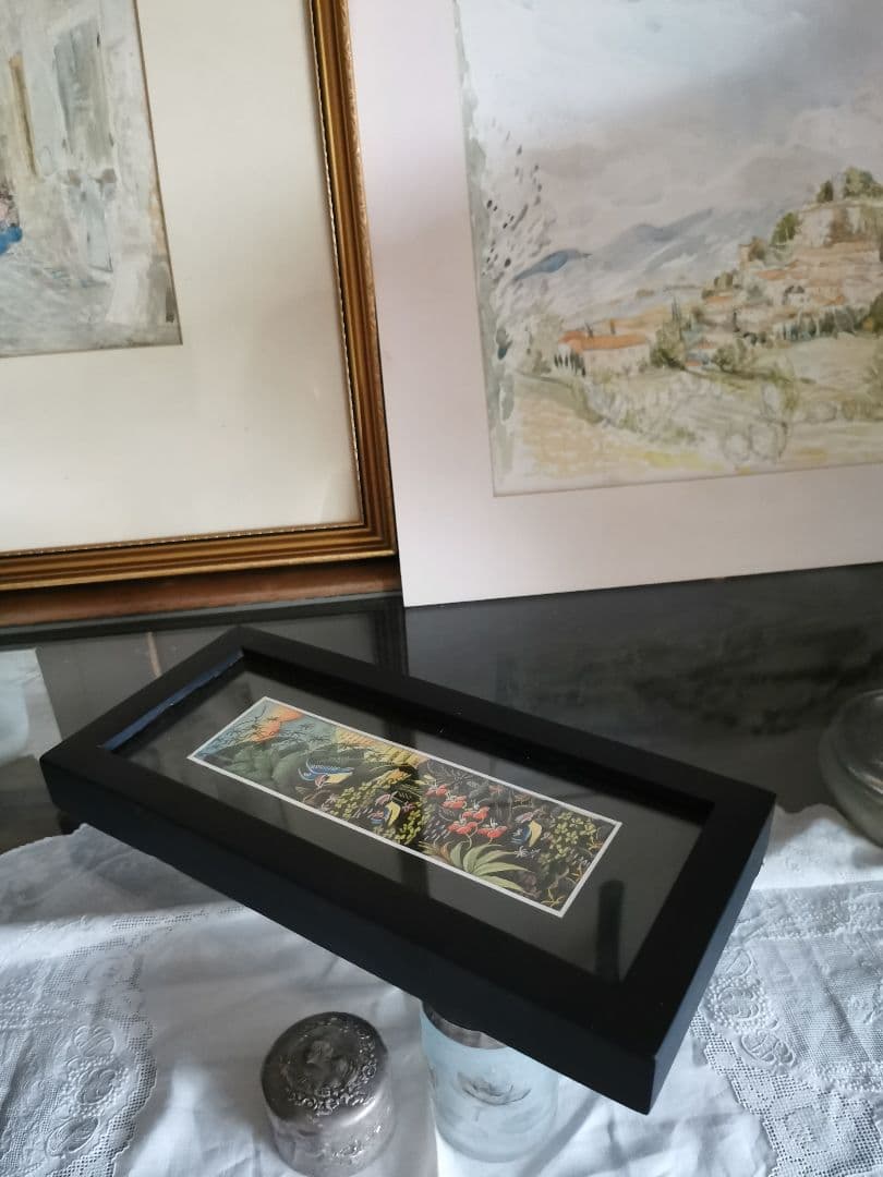 インドネシアバリ島アート 田園と亜熱帯の鳥と花 細密手描き風景画