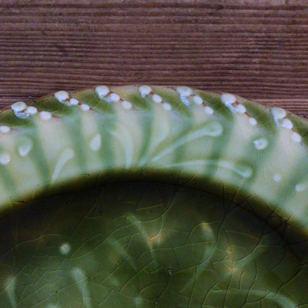 No4975 布志名焼 船木伸児 緑釉丸皿 共箱/栞付 島根県 民