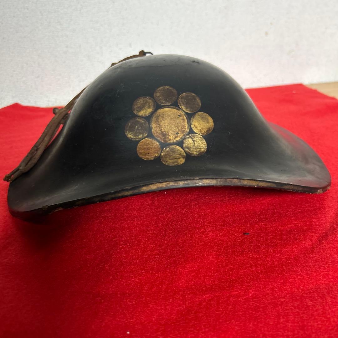 九曜紋　平陣笠 家紋入 黒漆塗 骨董 アンティーク/甲冑/鎧兜/足軽/武具