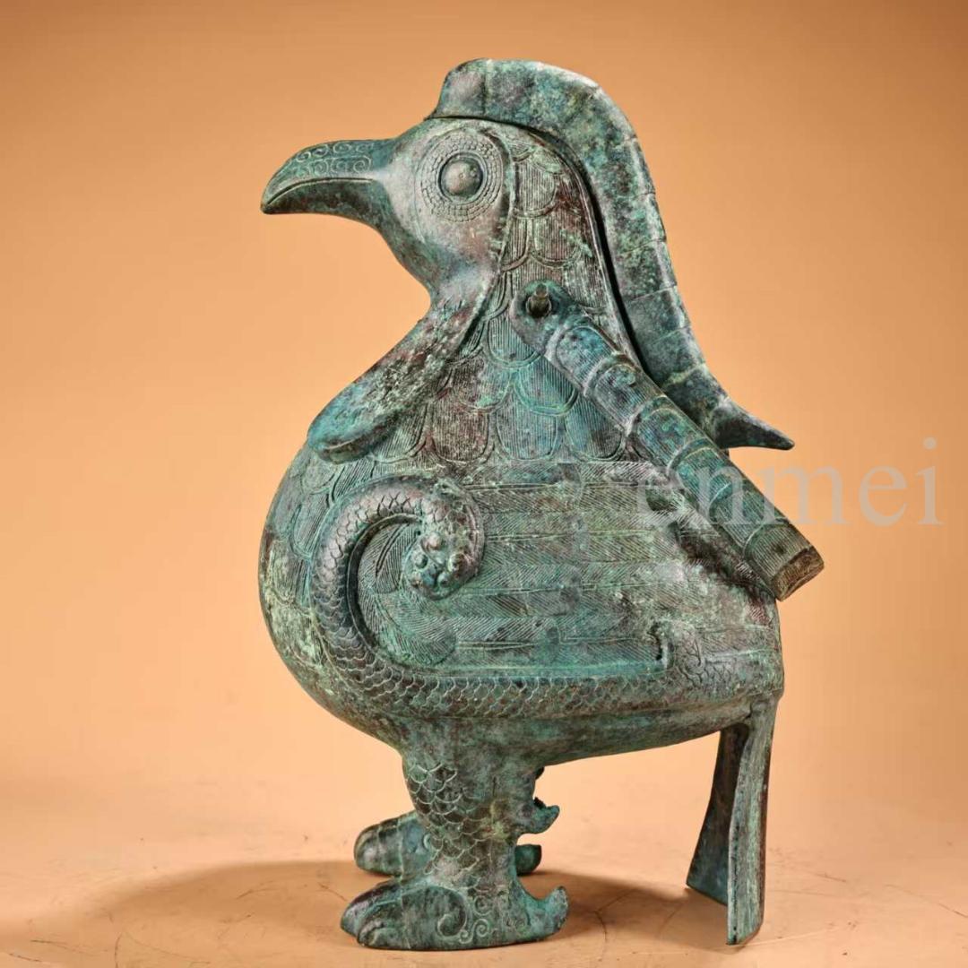 中国古美術・珍品旧藏・青銅製提梁鳥壺・鋳造・鏨刻・純銅製・