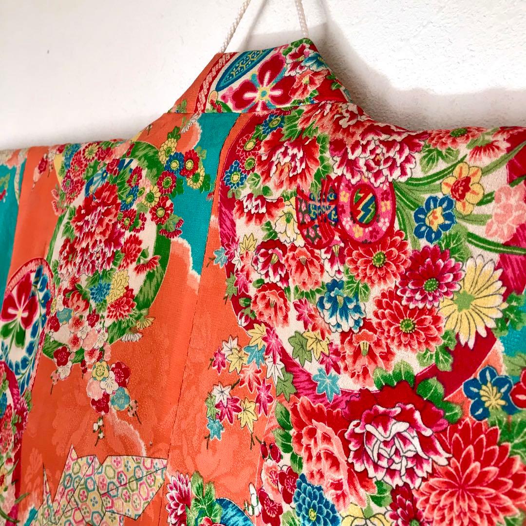 正絹 アンティーク着物 女の子 七五三 ◇花丸 折鶴 古典柄