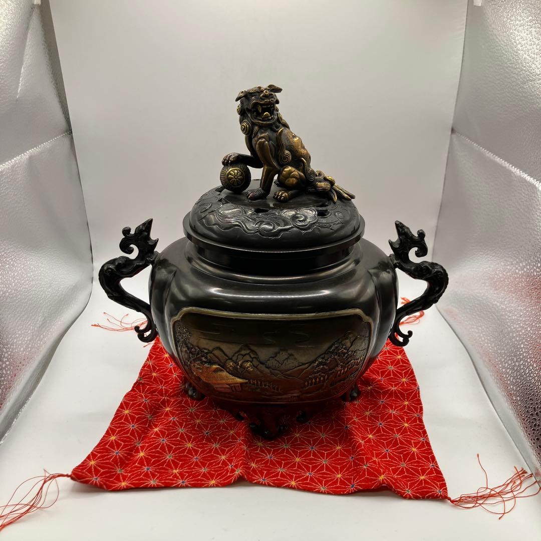 能作吉秀 吉秀作 香炉 共箱 獅子 狛犬 高岡銅器 香道具 山水 - メルカリ