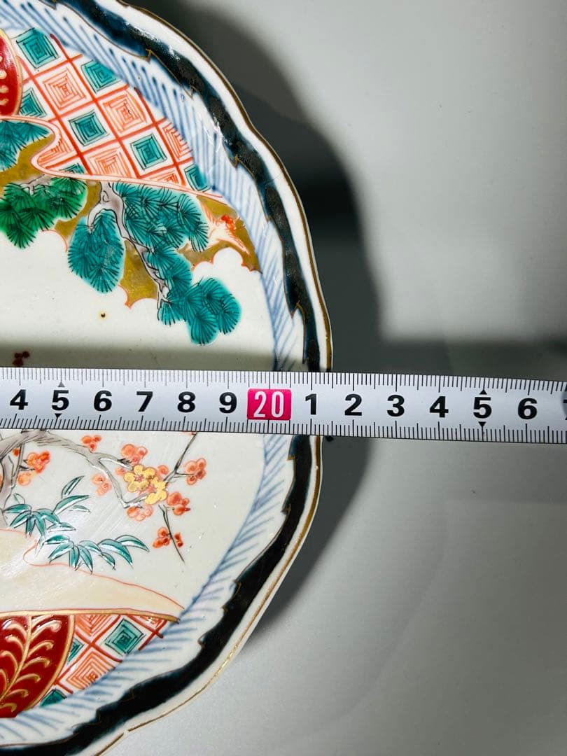 古伊万里色絵金襴手松竹梅鶴輪花七寸皿5枚21.5㎝窓絵帆舟