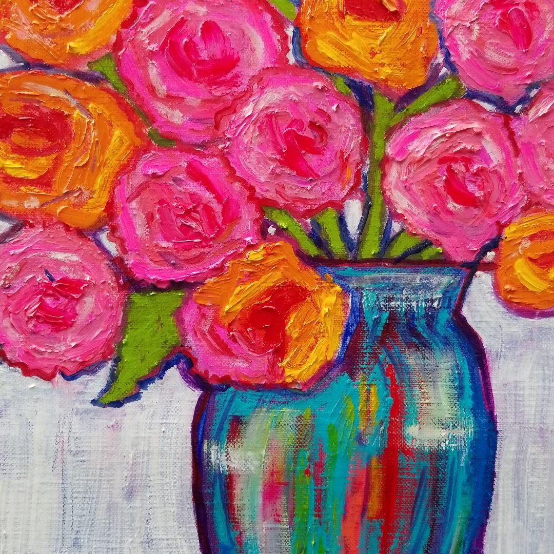 油絵 よっこ様専用確認 ピンクとオレンジ色の花を差した花瓶
