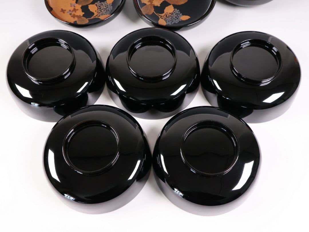 MB190】天然木漆塗 紫陽花と葵 金蒔絵 螺鈿入 黒塗 煮物椀 五客 昭和期