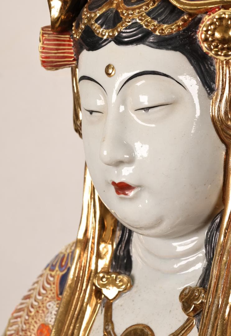 R　九谷焼　八幡窯　特大　色絵金彩観音菩薩像　置物　高90㎝　重さ15㎏