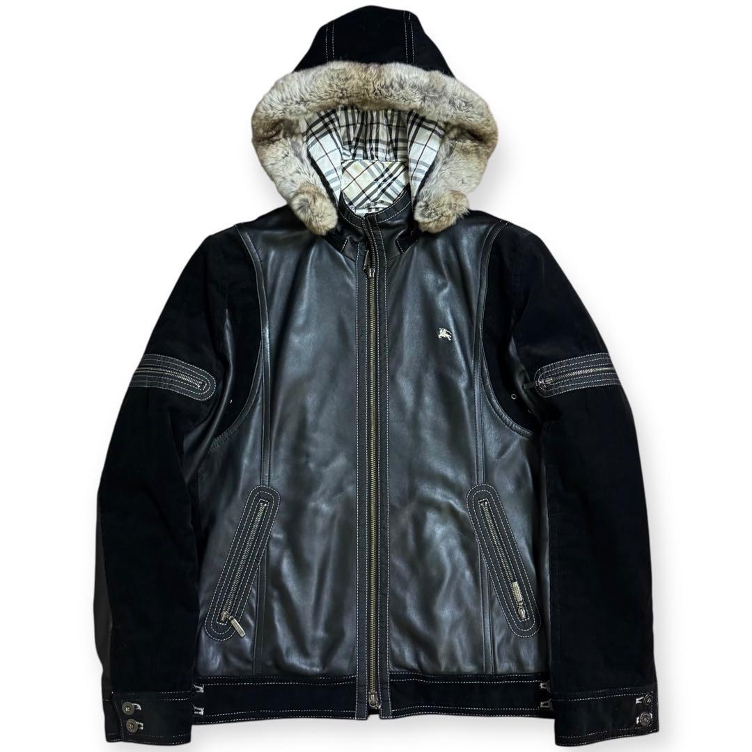 バーバリーブラックレーベル ファー付 ノバチェック レザージャケット M BURBERRY BLACK LABEL - バーバリーブラックレーベル ダウンジャケット