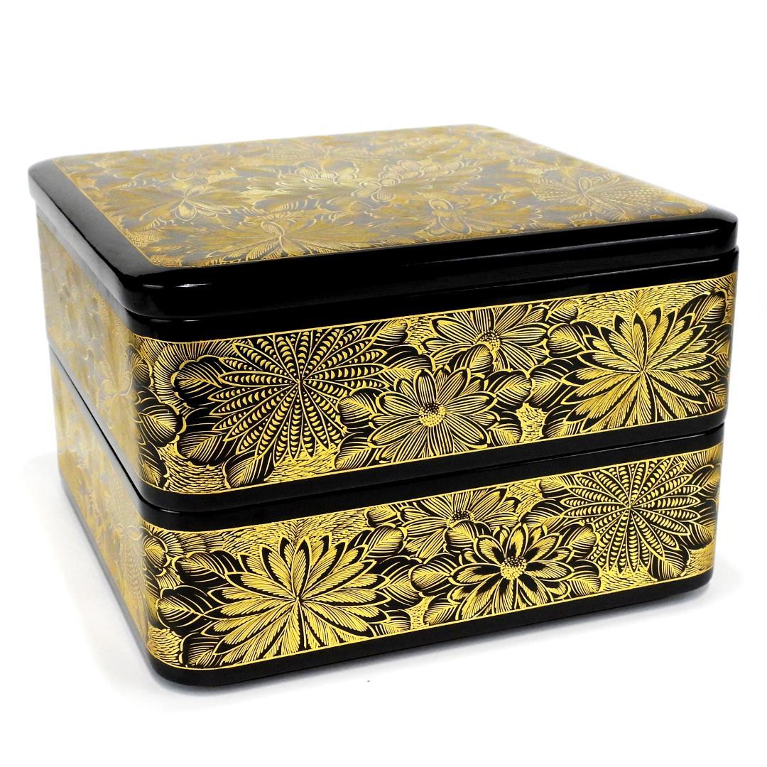 専用】輪島塗 2段重箱 布着本堅地 菊彫り詰め沈金 木製