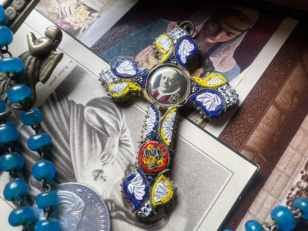 イタリア製　希少アンティーククロス　モザイクガラス　ピオ11世 イタリア製 希少アンティーククロス モザイクガラス ピウス11世