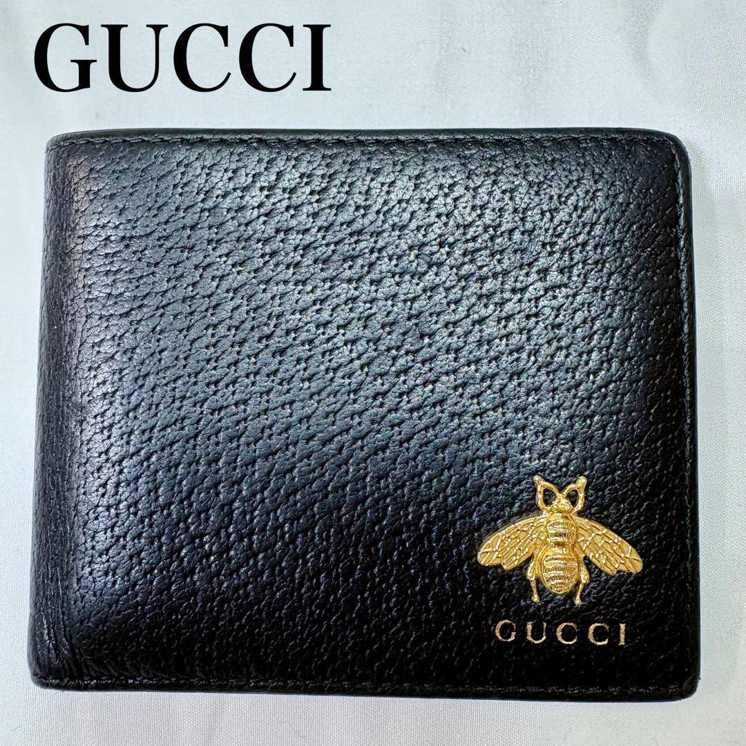 美品 GUCCI グッチ 折り財布 アニマリエ ビー 蜂 レザー 黒523664