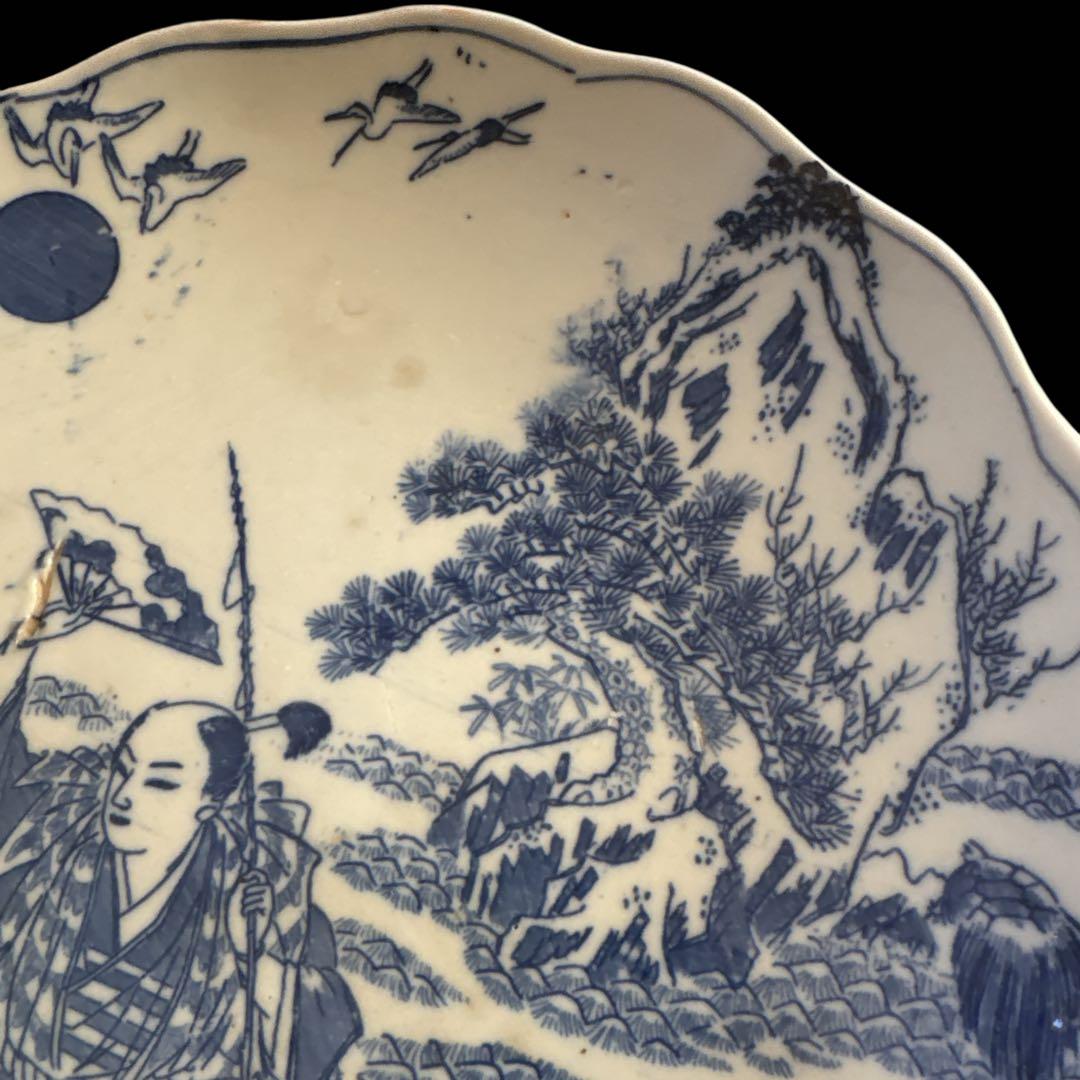 古伊万里 染付 輪鼻皿 人物文様 皿 アンティーク 鶴文 花形皿 かざり