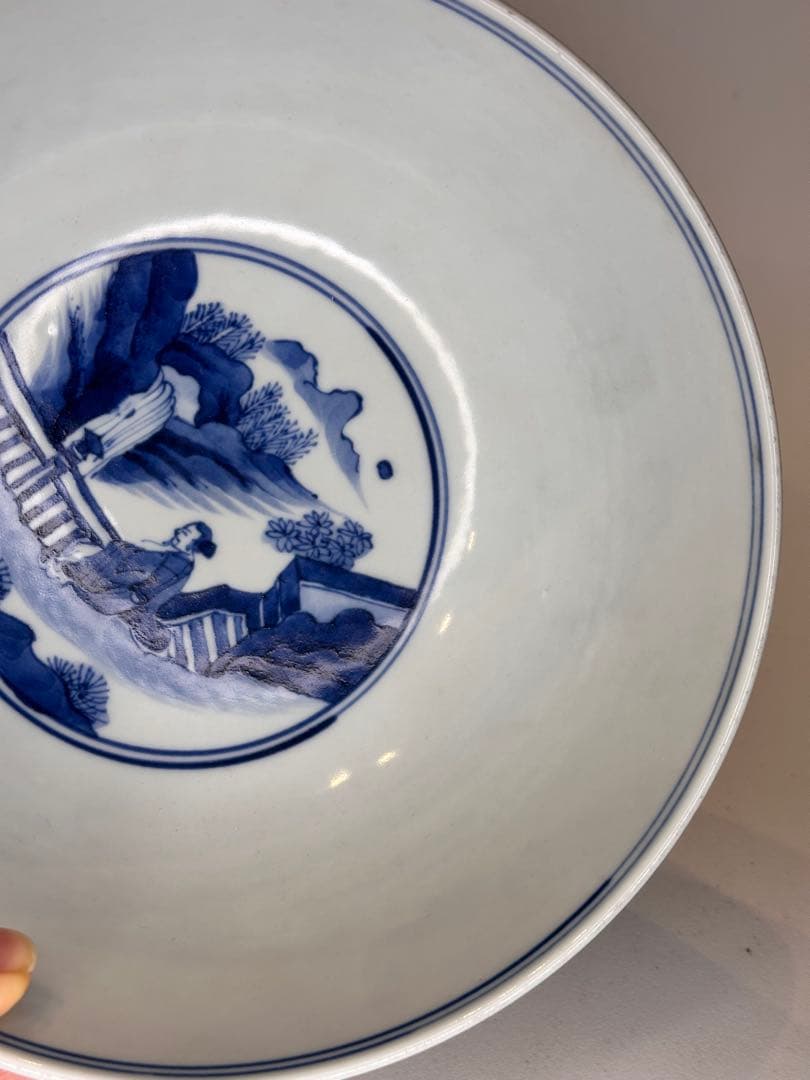 中国清時代 大明成化年製銘 青花染付狩猟図碗 古