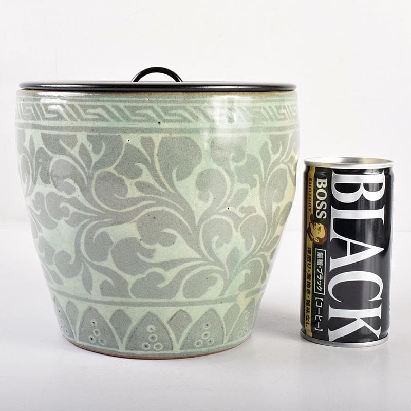 韓国 水広陶窯 李貞夏作 高麗青磁 花文 水指 合わせ箱 V