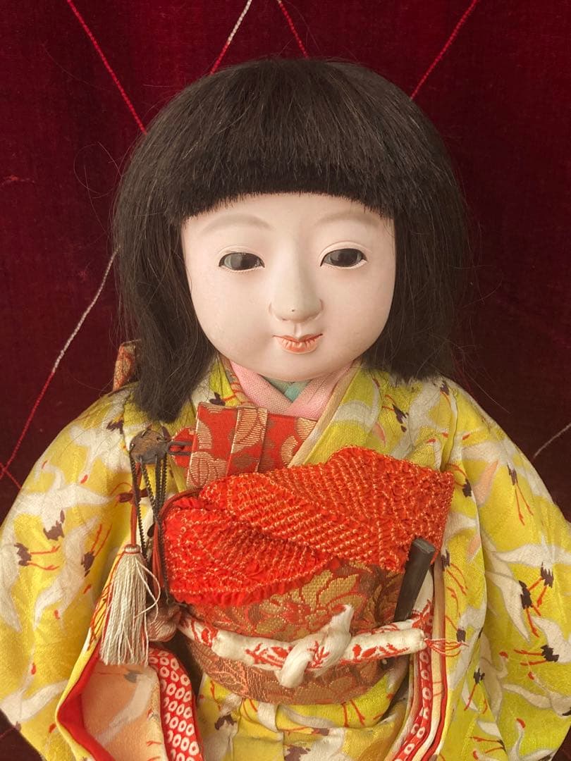 市松人形 石黒人形店 大正 ガラス目 3つ折れ 抱き人形 縮緬着物 ビスク
