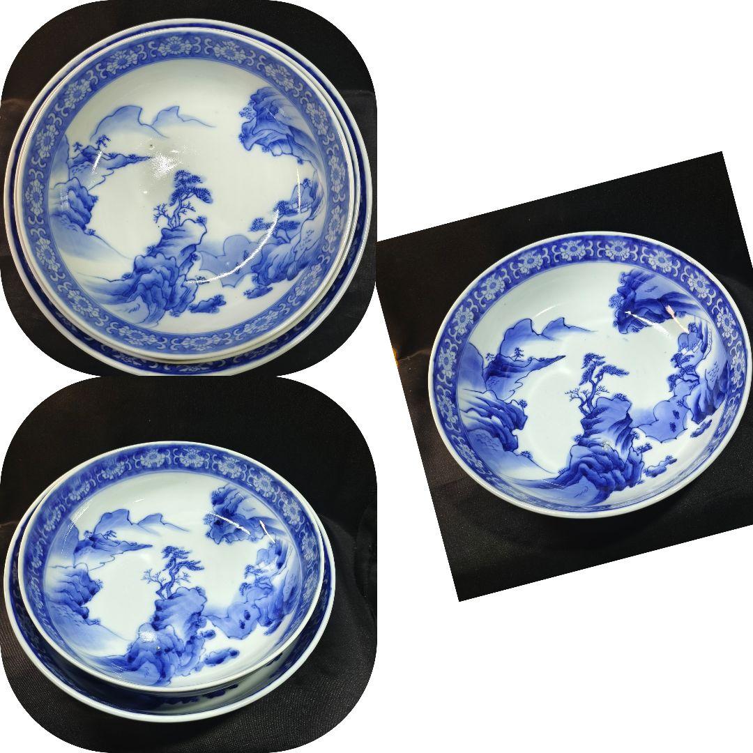 古伊万里 染付三つ鉢 山水風景文 手描き 明治骨董 古美術品 蒐集家放出