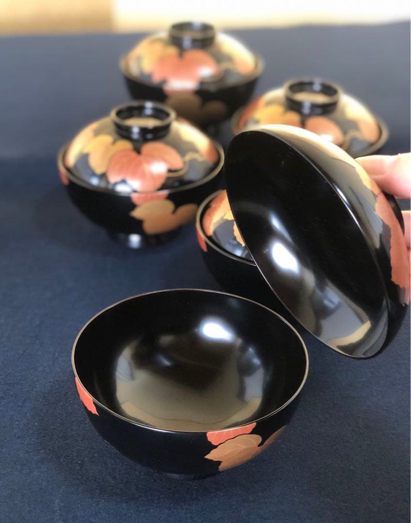 《レ》輪島塗 黒塗 蔦蒔絵 吸物椀5客 木製漆器 木箱　251119え4