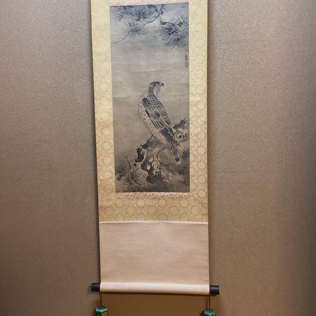 雪村　水墨【　松　鷹　図　】　複製画【重要文化財】　紙本掛軸　特製収納箱NO31