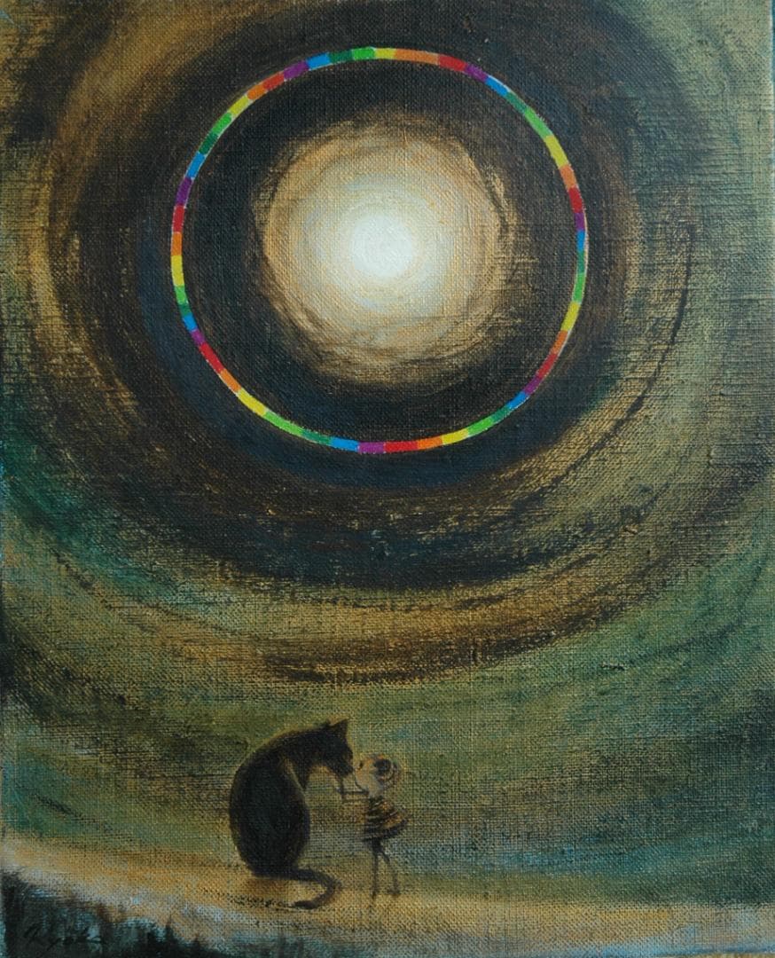 油絵 菅家令子 絵 絵画インテリア額付(銀) F3-051821祈り犬猫 女の子