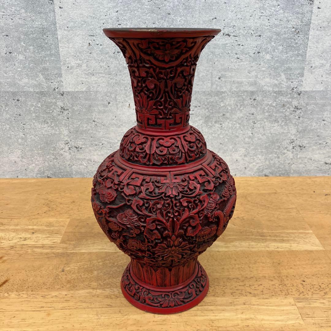中国美術 堆朱 紅雕漆花瓶花器 台座付 飾り孔子廊 飾壷 花器 彫