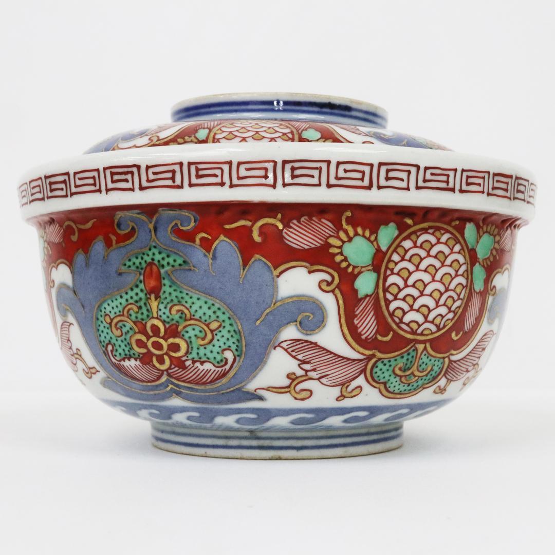 冨貴長春 蓋付茶碗 錦絵 染付 金彩 古伊万里 7客 吉祥 1客に金継ぎ有り