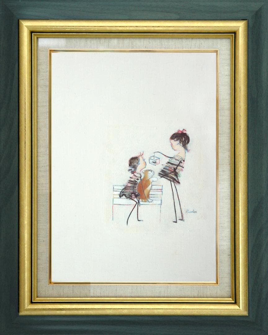 油絵 菅家令子 絵 絵画インテリア 額付(黒) F4-030219 子猫犬女の子