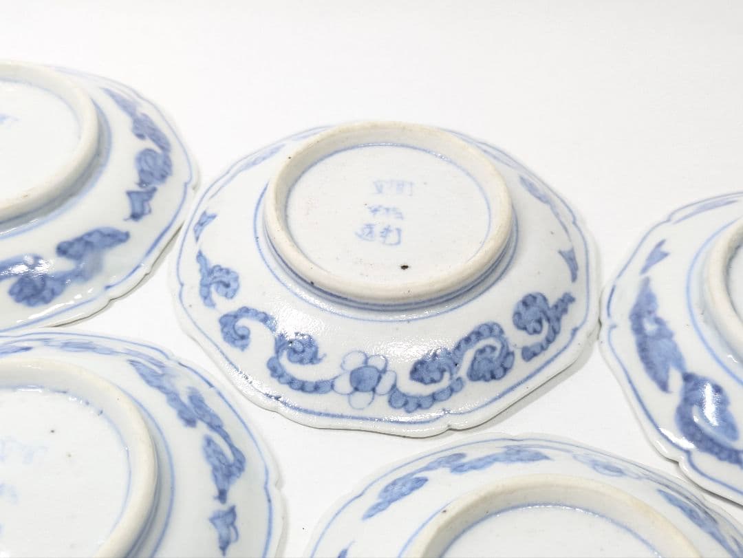 白磁青花 青絵 ダミエ線描 変わり市松花紋 汕頭レース風 ≒13㎝2枚組