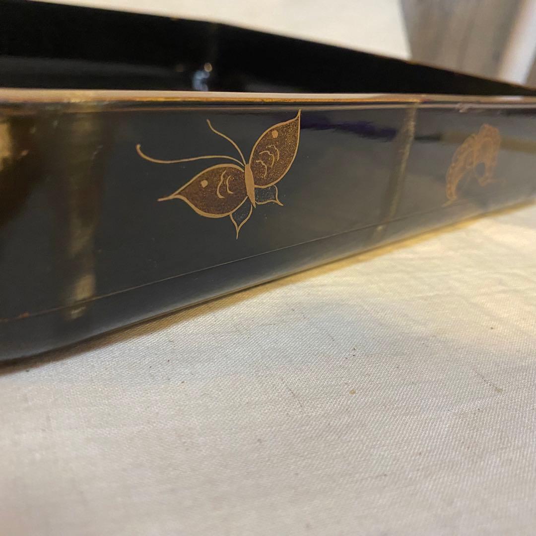 輪島塗　角盆　蒔絵　金彩　牡丹文　蝶文　2客
