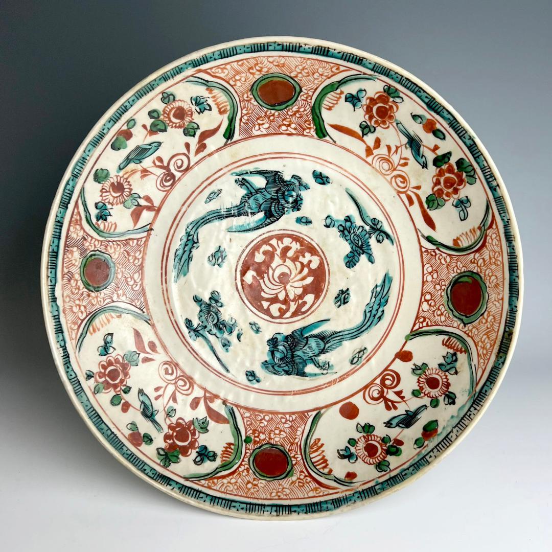 中国美術 呉須赤絵 魁紋 碗 φ21cm 旧家蔵出