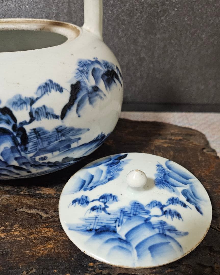 江戸時代 古伊万里 染付 山水図 銚子 酒次 急須 茶道具 酒器 19.6cm