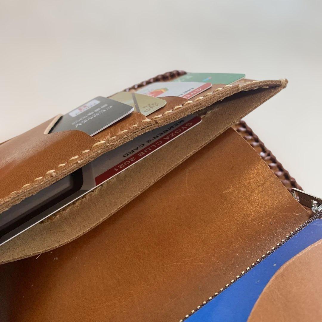 ハンドメイドレザークラフトキリン柄ハラコ牛革茶色ミドルウォレット牛レース編み茶色