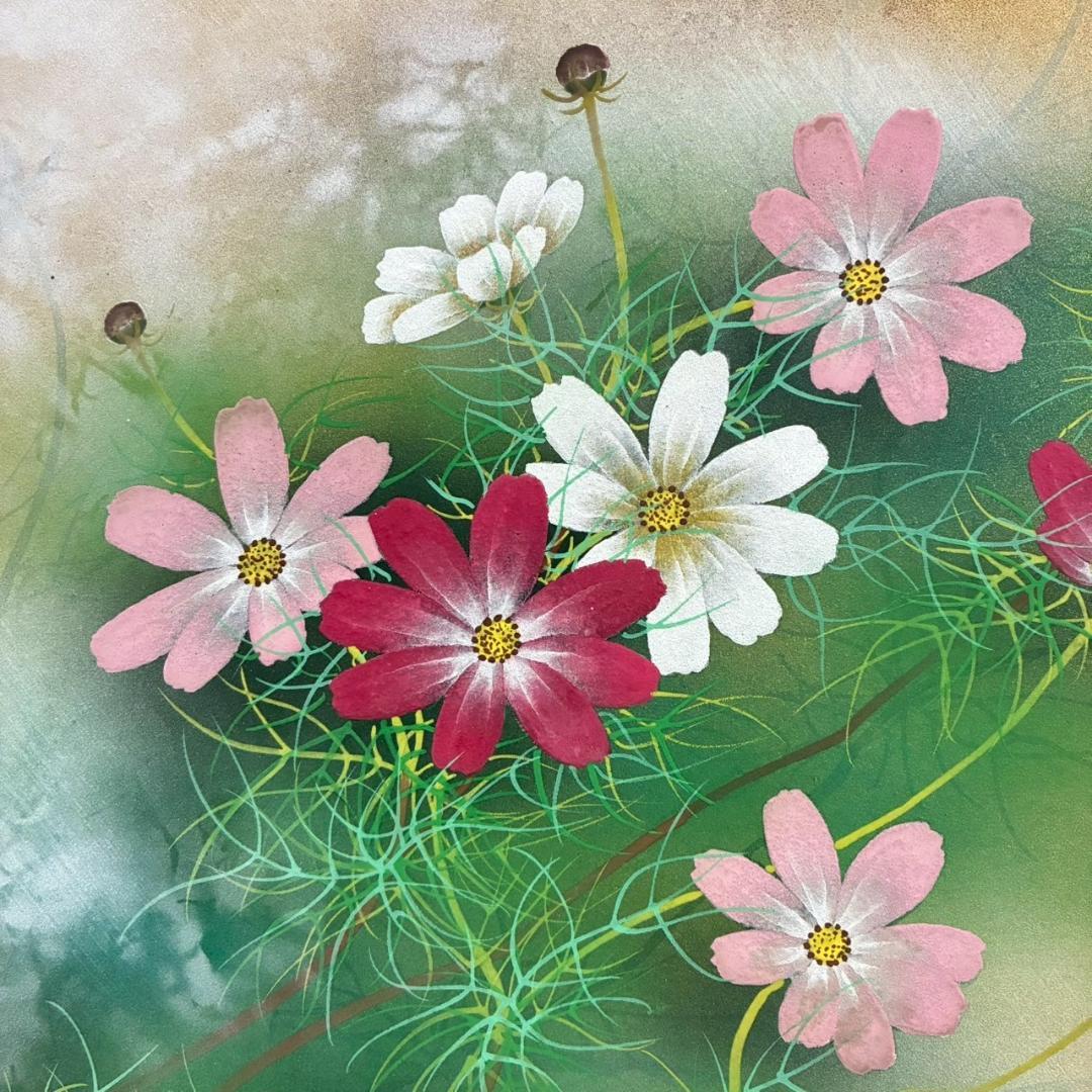 美品 佐々木経二「秋桜」日本画 肉筆画 共シール有 署名・落款有り 額縁入り