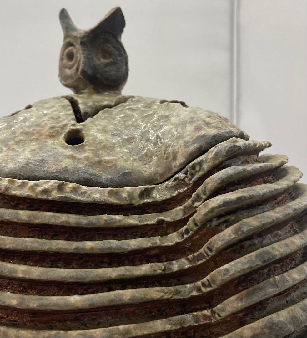 B154 山本出造「備前ブルゴーニュ土  積上香炉」 共箱　線香立付 フクロウ