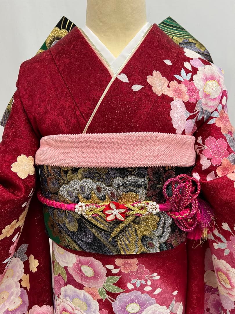 振り袖 フルセット 金彩加工 長襦袢付 刺繍入り 金通し 赤 花 664
