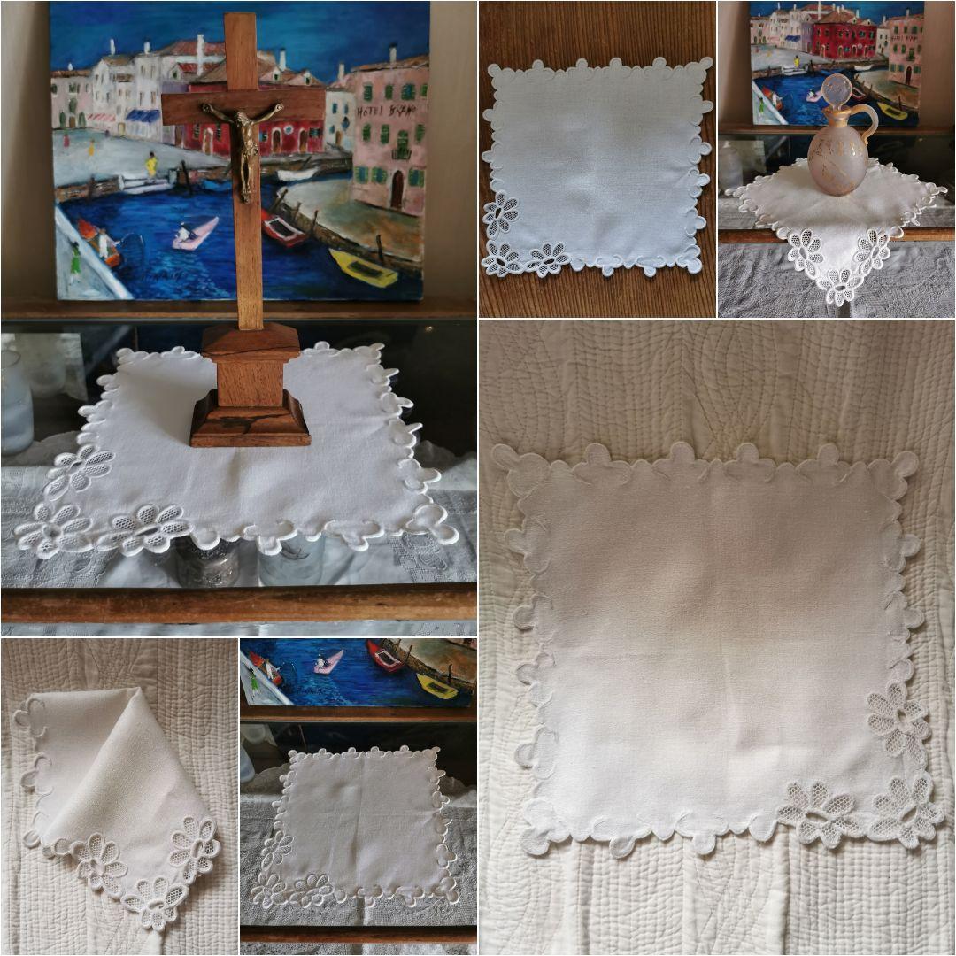 アンティークフランス 花びらチュールの西洋菊 スカラップ白糸刺繍