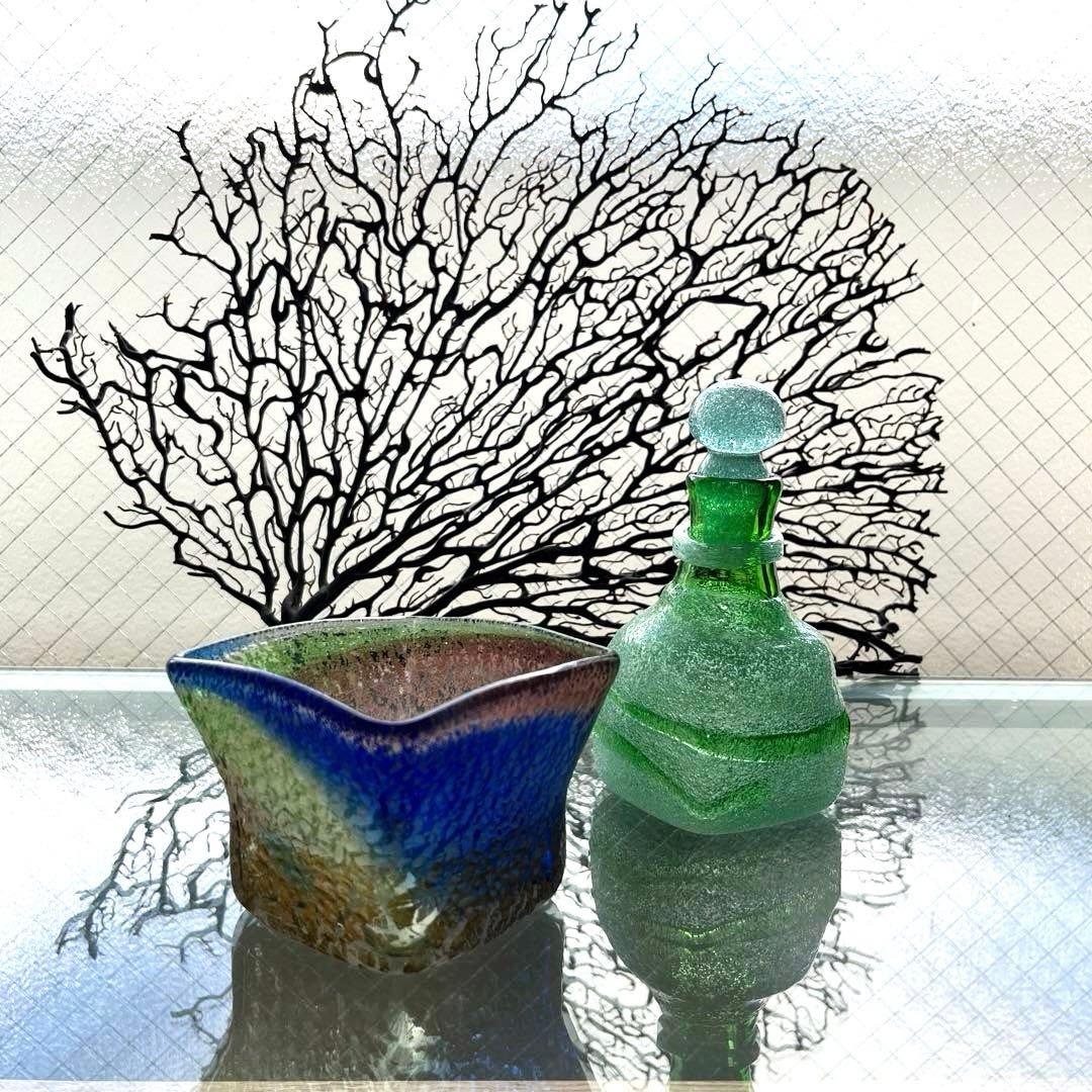 骨董琉球ガラス工芸ガラス現代の名工稲嶺盛吉3色泡ガラス小鉢