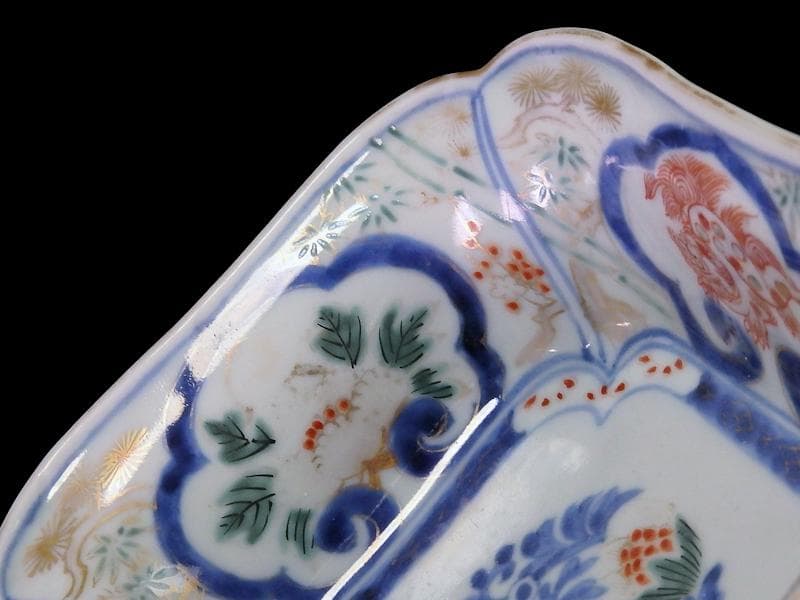 古伊万里 金襴手 窓絵 牡丹に獅子 松竹梅の図 四方角向付