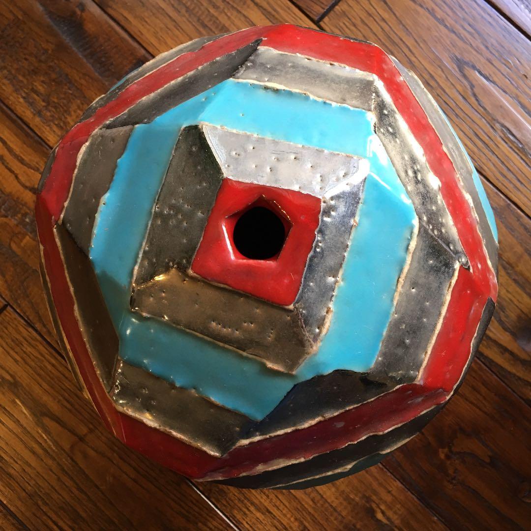 希少珍品！益子焼 瀬戸浩 赤青彩 銀條文壺 塩焼〆多面取壺 花器 飾壺 古美術品