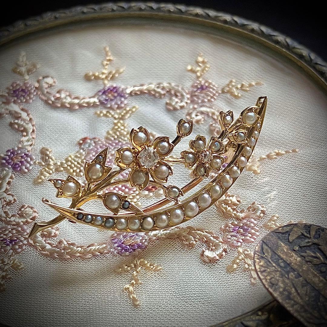 k18 ヴィクトリアン オールドマインカットダイヤモンド＆シードパール