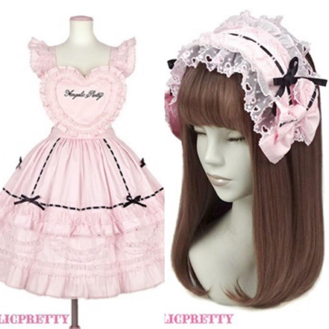【美品】アンジェリックプリティHeart胸あて付きスカート ピンク カチューシャ