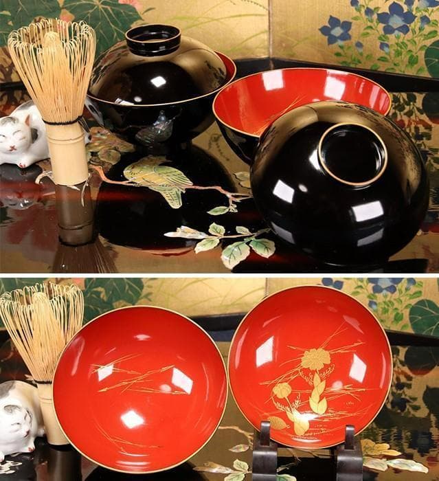 輪島塗木製 お椀 吸物椀 本金 骨董 時代蒔絵 5脚G53 輪島塗木製 お椀