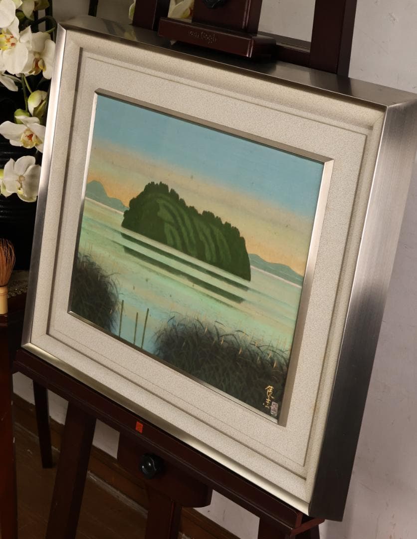 【真作】　樋口辰志 「 朝爽（竹生島） 」　6号　日本画　共シール　BK096