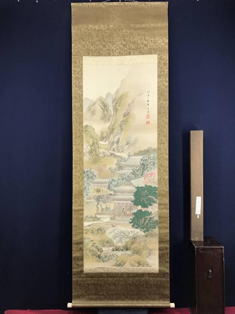 真作/鈴木百年/山水図/楼閣山水図/宮中図/掛軸☆宝船☆AH-693