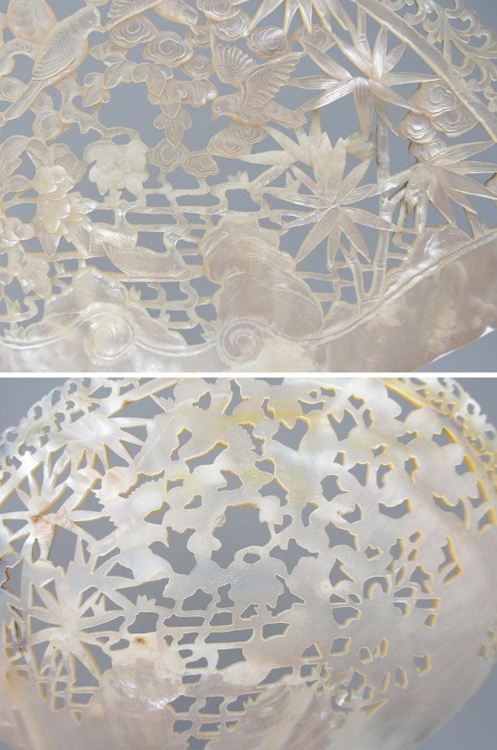 貝】 ☆ 文房 貝彫花鳥図擺件 ☆ 清朝期 竹 牡丹 喜鵲 彫刻文様 雅玩雑