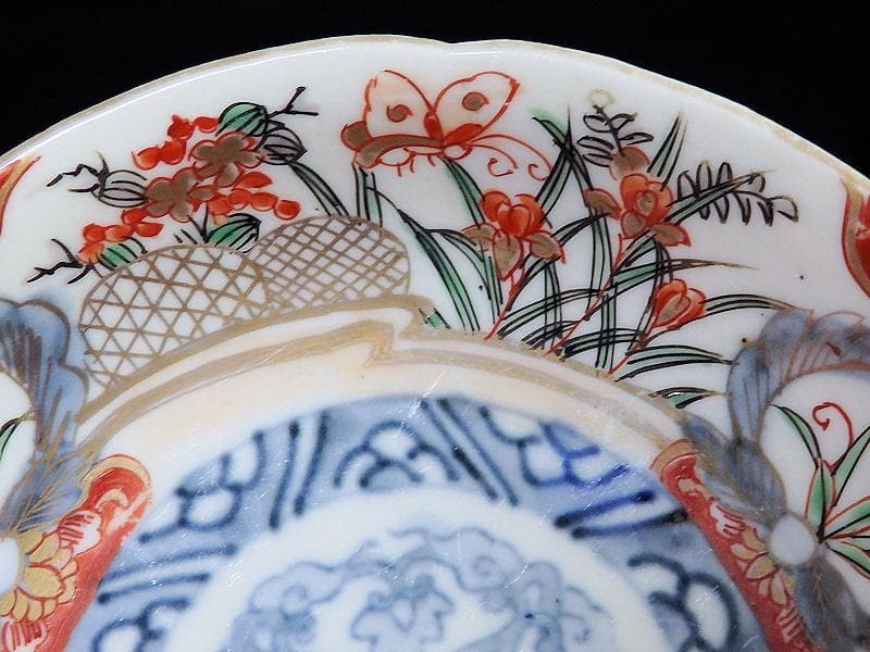 古伊万里　色絵　蝶に菖蒲の図　４寸皿　４枚　C232AS-WWs