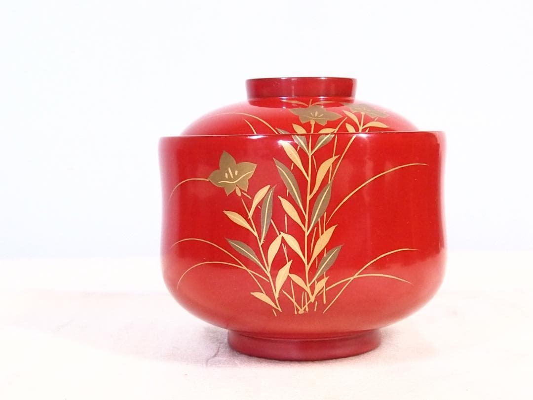 【美品】輪島塗 西久保田漆器店 桔梗蒔絵 小吸物椀 5客 瓢型/朱塗 漆器/食器